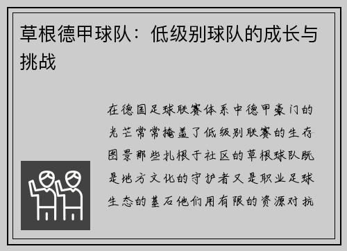 草根德甲球队：低级别球队的成长与挑战