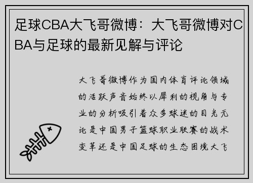 足球CBA大飞哥微博：大飞哥微博对CBA与足球的最新见解与评论