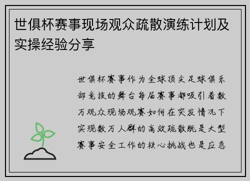 世俱杯赛事现场观众疏散演练计划及实操经验分享