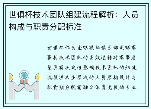 世俱杯技术团队组建流程解析：人员构成与职责分配标准