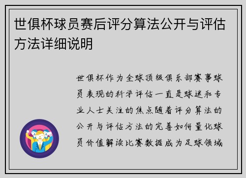 世俱杯球员赛后评分算法公开与评估方法详细说明